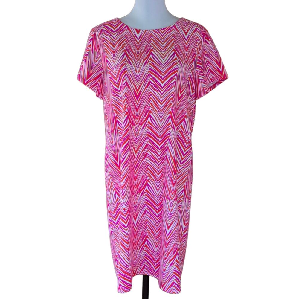Jude Connally Ella Dress L Pink Orange  Stretch Short Sleeve Herringbone Striped